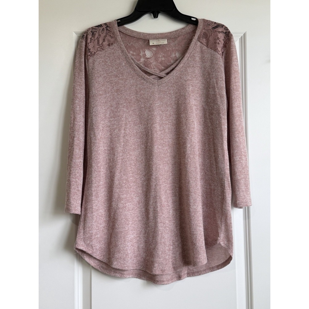 Bobbie Brooks Pink Strappy Criss Cross V-Neck 3/4 Sleeve Lace Trim Tunic Top XL